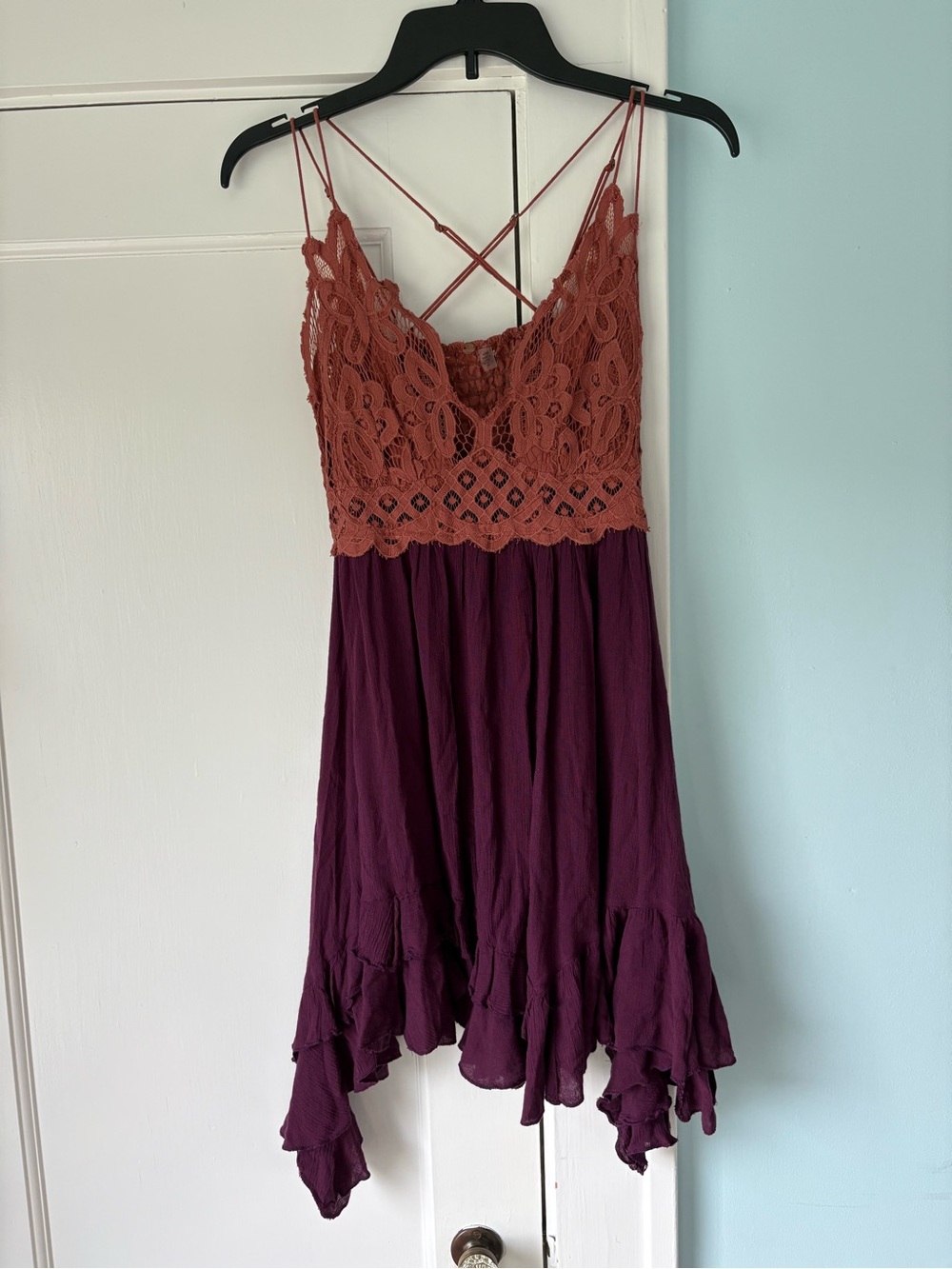 Free People Adella Slip Dress Copper Combo Plum Lace Mini Festival Boho Ruffle